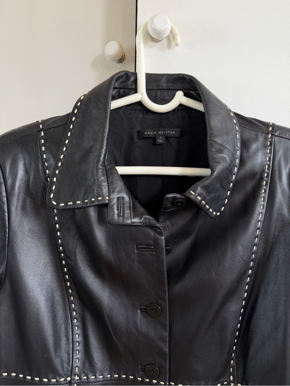 Black Leather Jacket with white stitching detail David Meister size 12 - Picture 2 of 5